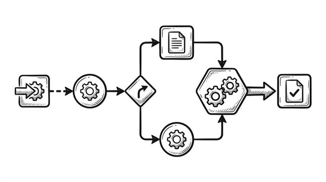 Business process flowchart with gears and documents.