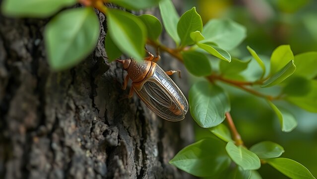 cicada. Empty cicada shell on tree bark with green leaves, symbolic transformation in soft morning light. gardening catalogs, home-decor guides, designed for home decor and floral branding.