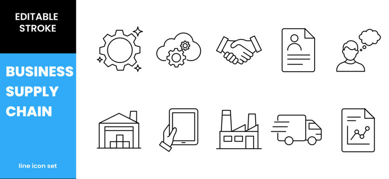 Business supply chain editable stroke line icon set