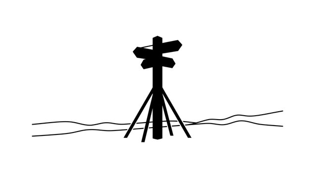 Minimalist black silhouette of a wooden directional signpost on a simple horizon line vector illustration