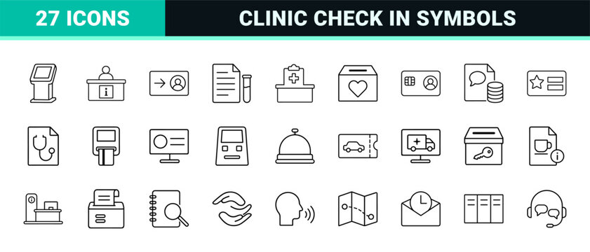Hospital reception services line icon set. Vector pictograms of clinic intake, patient check in, medical scheduling, and front desk administration elements, thin linear illustration.