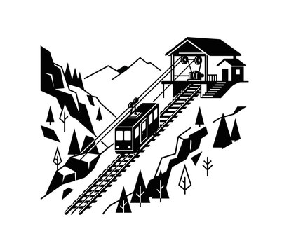 Minimalist black and white funicular railway ascending a mountain toward a station