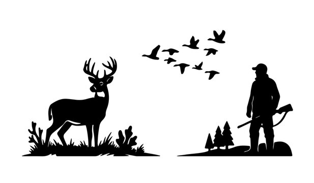 Deer and Duck Hunting Silhouette with Hunter in Forest Scene