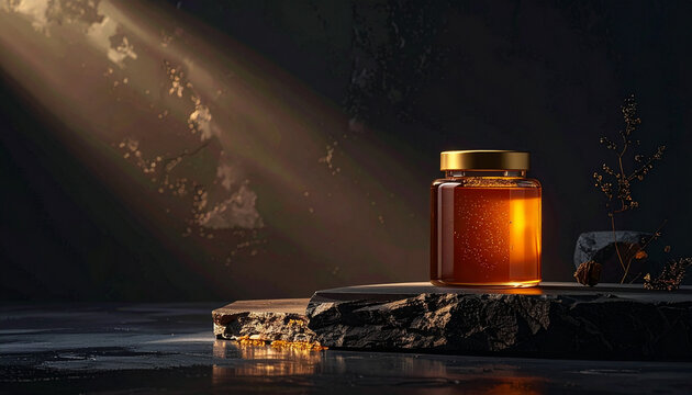 Jar of golden honey illuminated by sunlight on rustic surface