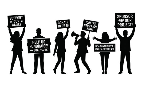 Black Crowdfunding Campaigner Sign Silhouettes Set Isolated on White Background Vector Collection