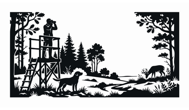 Hunter in Tree Stand with Hunting Dog and Deer Silhouette Landscape