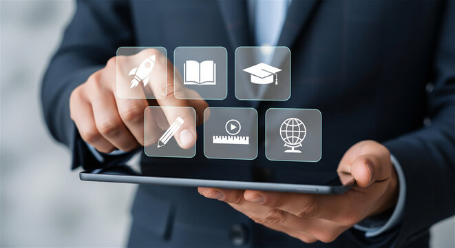 E-learning digital interface on tablet, businessman using online education icons, virtual learning and corporate training concept