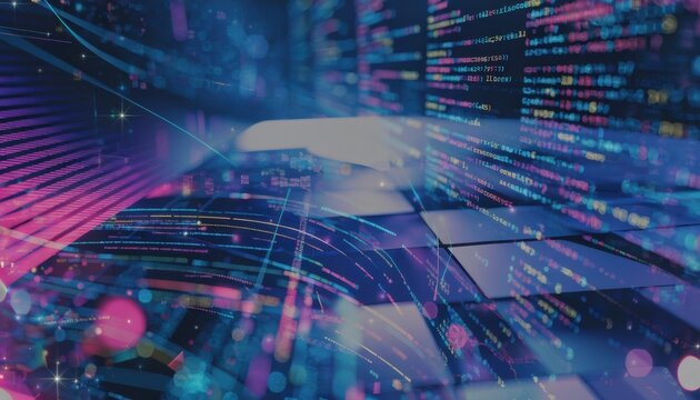 Futuristic digital interface with colorful code streams and abstract light trails representing data flow, programming, and technology innovation.