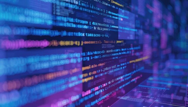 Colorful lines of computer programming code displayed on a digital screen with a blurred, futuristic tech-inspired background.