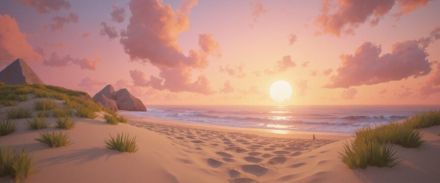 Low Poly sandy beach landscape at sunset