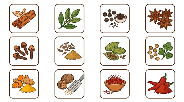 Collection of various spices and herbs in square icons.