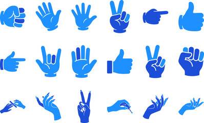 Obraz premium Set of blue hand gesture icons isolated on white background, modern flat design.