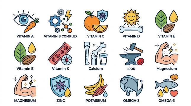 Collection of Vitamins Minerals and Nutrients Icons.