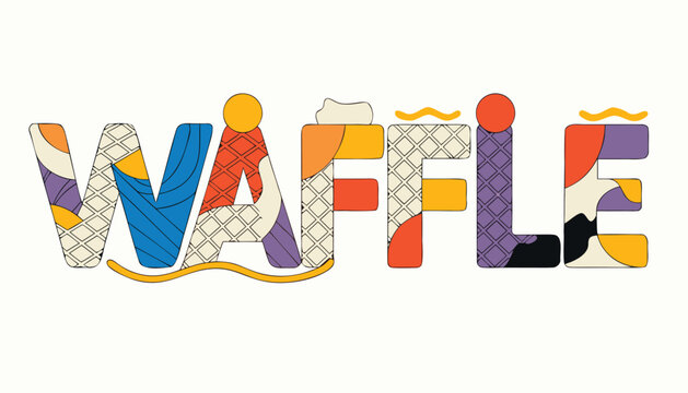 Colorful waffle typography design with abstract geometric shapes and patterns