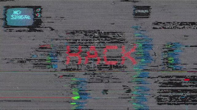 Glitchy television screen with no signal and hack message on display
