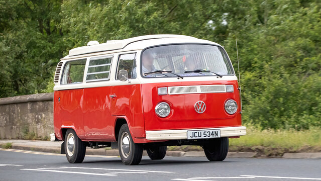 Stony Stratford,Bucks,UK - June 7th 2026: 1975 Volkswagen Campervan driving on a British road