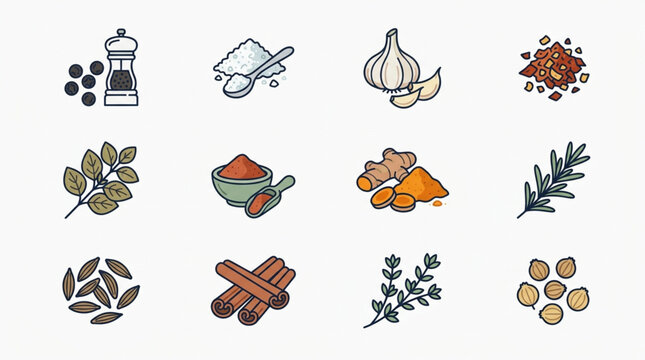 Collection of various spices and herbs in a grid layout.