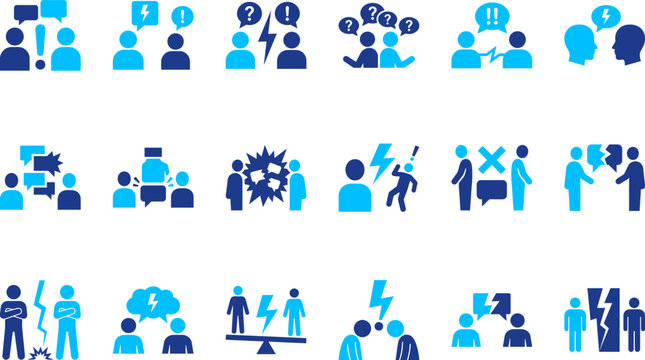 Collection of blue icons illustrating communication conflict argument and disagreement vector art.