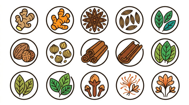 Collection of various spices and herbs in circular icons.