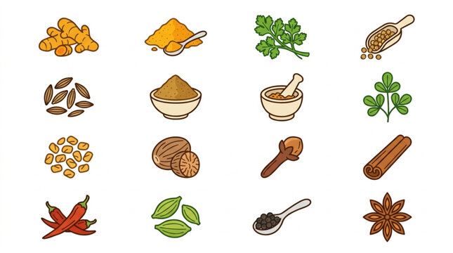 Collection of various spices and herbs in illustration style.