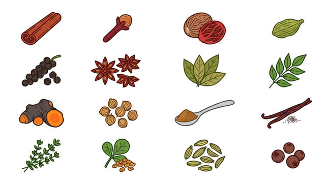 Collection of Various Spices and Herbs in Illustration Style.