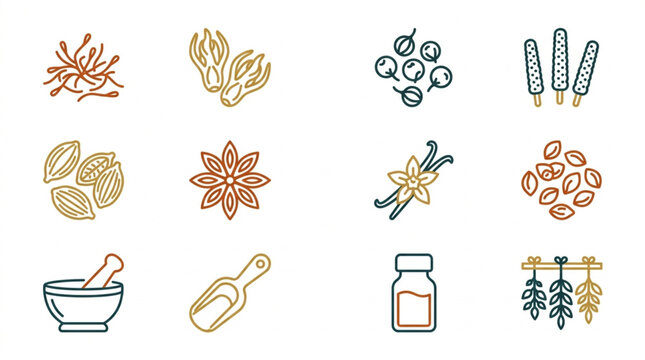Collection of Various Spices and Herbs in Outline Style.