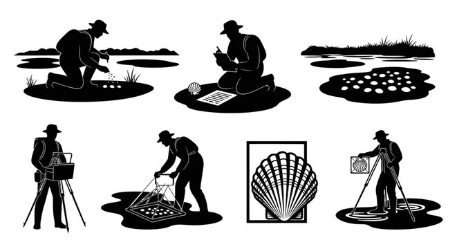 Workers creating wooden comb boxes on a scenic coastal landscape with tools and seashells