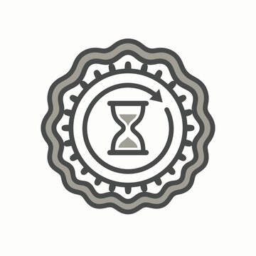 Hourglass timer symbol inside scalloped circular badge