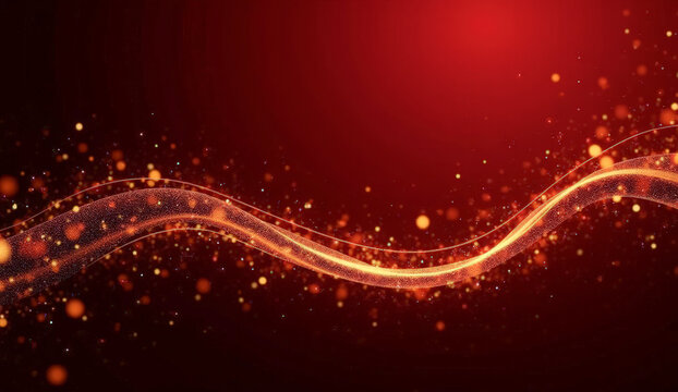 yellow glowing transparent wavy lines on a red background blurred sparkles, abstract background
