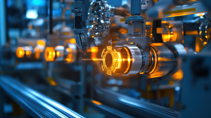 Fototapeta premium Futuristic industrial manufacturing line with glowing robotic components
