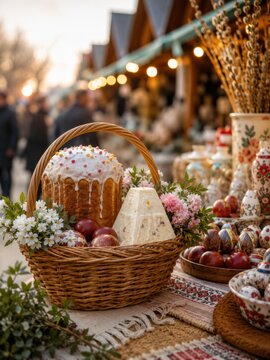 Russischer Osterkorb mit Kulich, Paskha, roten Eiern und Blumen auf einem Marktstand