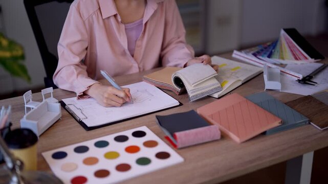 Asian female furniture designer sketching floor plans at desk with material samples and color palette in modern creative studio workspace