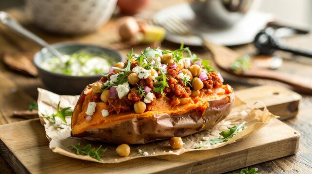 Stuffed baked sweet potato (sweet potato) is a popular dish of modern international, healthy and vegetarian cuisine.