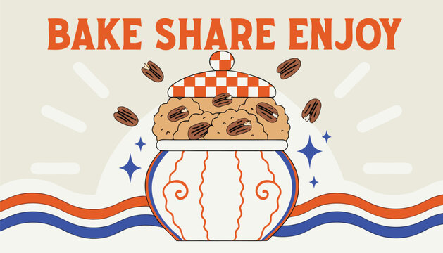 Decorative vintage cookie jar filled with delicious fresh pecan cookies