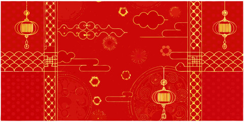 Asian style floral ornament with lanterns red and gold vector illustration © gita