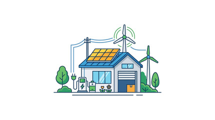 Fototapeta premium Eco-friendly house with solar panels and wind turbines, electric car charger