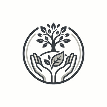 Environmental logo of hands holding a tree and sprout.