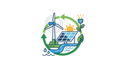 Obraz premium Renewable Energy Cycle: Wind Turbine, Solar Panel, Water, Plant