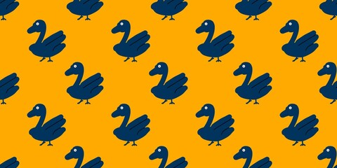 Fototapeta premium Seamless pattern of cute cartoon blue ducks on a bright orange background. Cute animal illustration for wallpaper, fabric, or wrapping paper design.