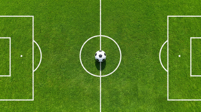 Top view football field with ball at center circle, green grass pitch, white line marking, sport concept