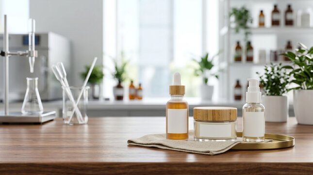 Three skincare products with blank labels sit on a wooden table in a bright laboratory, featuring a dropper bottle, cream jar, and pump bottle.