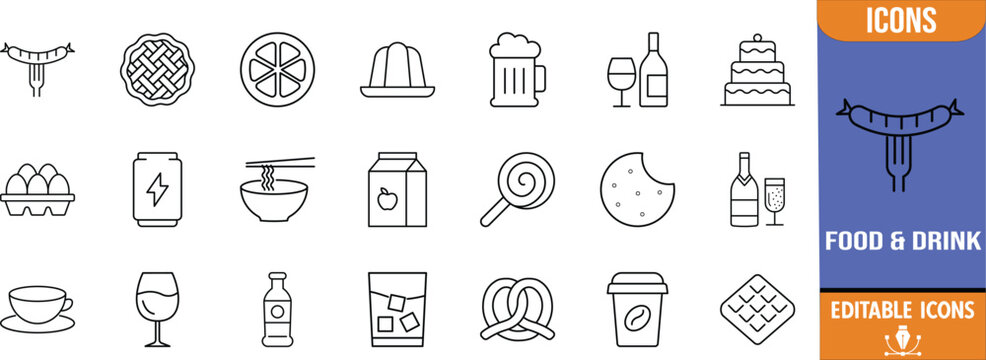 Delicious food and drink line icons. cake icon set, beer icon set, coffee icon set