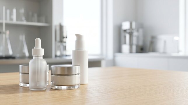 Minimalist skincare products including jars, a dropper bottle, and a pump dispenser on a wooden table in a bright, modern laboratory setting.