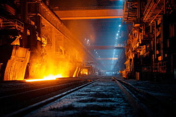 Fototapeta premium Molten steel is pouring from a blast furnace into a channel for casting. The scene shows the interior of a steel mill at night. Bright orange and yellow glow fills the area