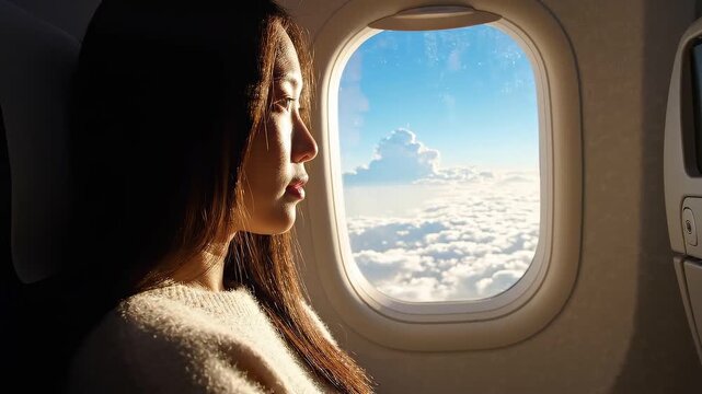 Woman looking out airplane window at clouds during golden hour