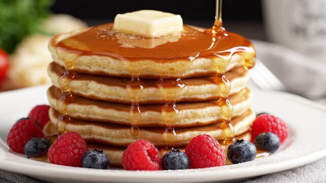 Pouring syrup on a stack of fluffy pancakes with berries