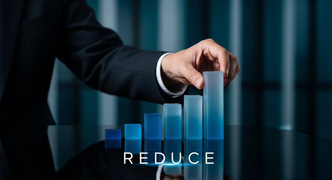 Reduce concept for business optimization, businessman hand touching blue bar chart, financial cost reduction and efficiency strategy