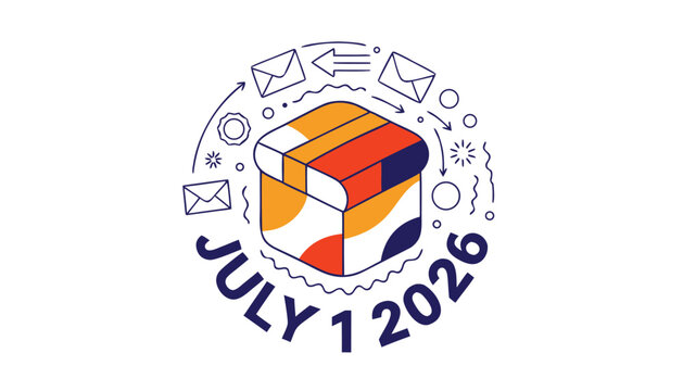 Colorful box graphic with date text for July first twenty twenty-six