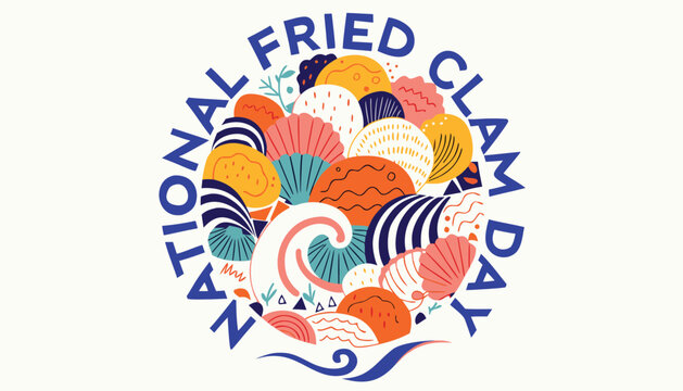 Circular emblem design celebrating national fried clam day with colorful shells