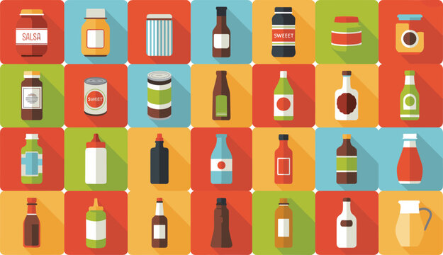 Condiment and Product Bottles Collection with Salsa, Sweet Sauces, and Liquid Packaging for Food and Beverage Designs